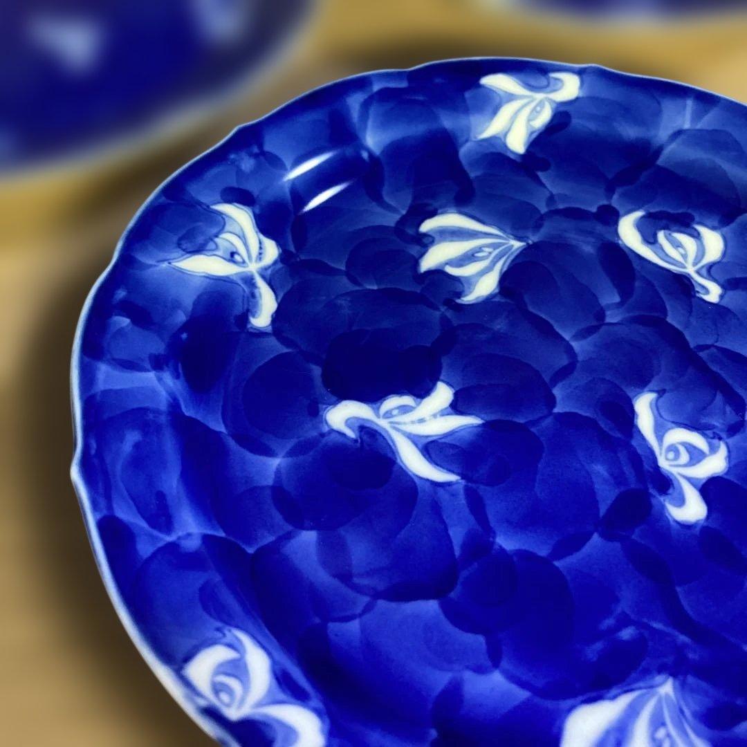 深川製磁　蘭外濃　銘々皿　和皿　取り皿　輪花　青　花　プレート