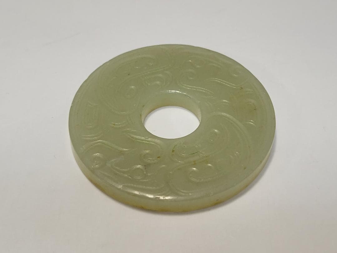 天然玉製 陰刻龍紋 玉装飾品 明清時代 直径約5cm