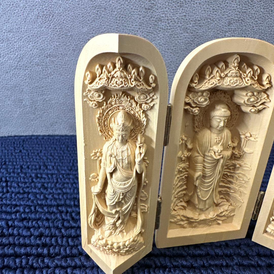 開運 阿弥陀三尊 三開仏 天然木