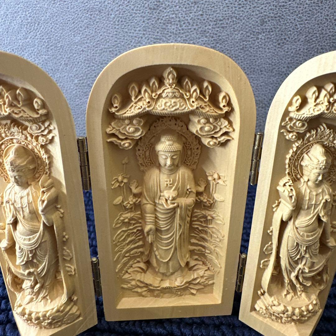 開運 阿弥陀三尊 三開仏 天然木