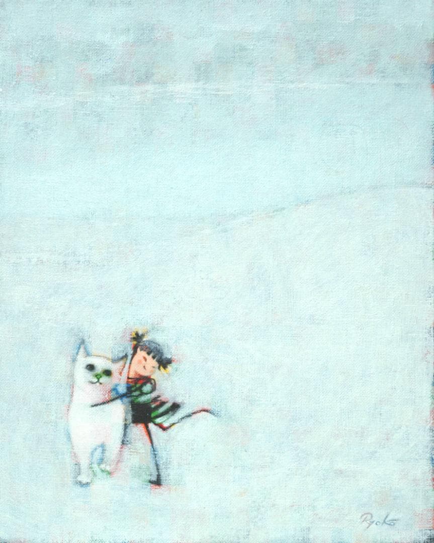 油絵 菅家令子 絵 絵画インテリア 額付(銀) F3-091918 子猫と女の子