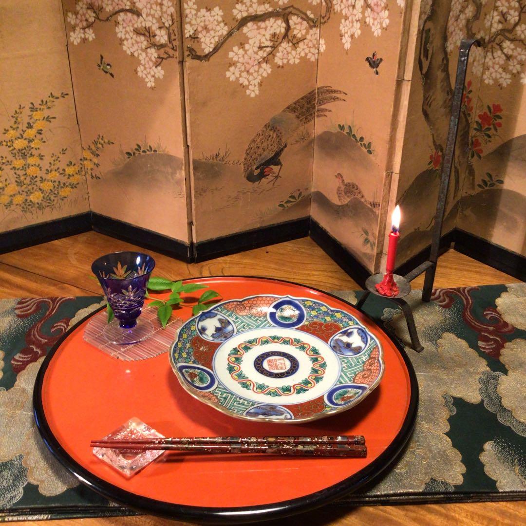 A374 古伊万里　染錦手　区割窓絵　山水に花　輪花形　7寸皿　5枚