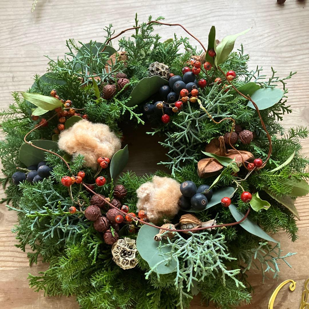 コットンと賑やかな森のクリスマスリース　シャリンバイ　野バラの実