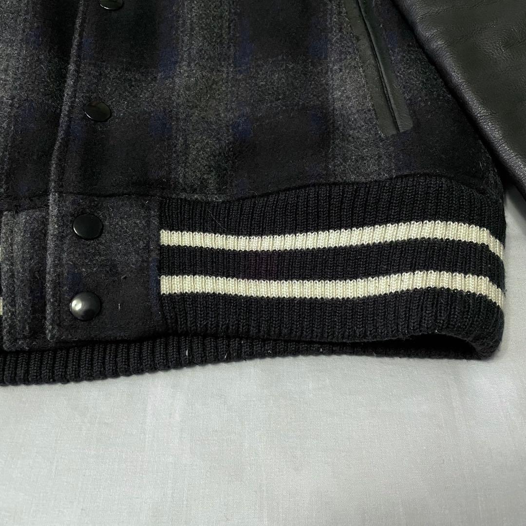 challenger スタジャン　レザー切り替え　オンブレチェック　紺　Mサイズ