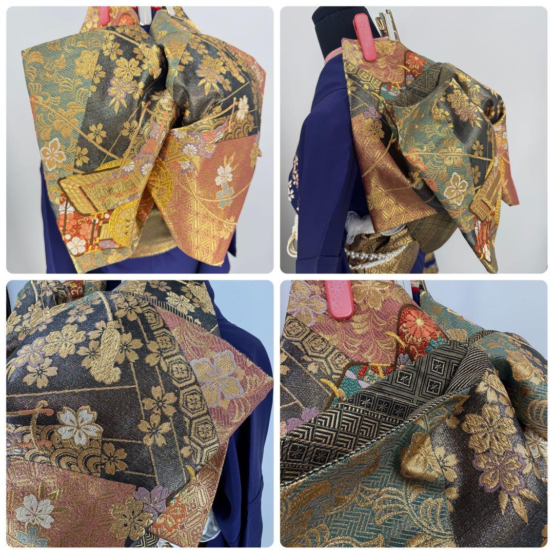 振袖10点フルセット　古典柄　ネイビー　成人式　結婚式　つけ袖白レース付　正絹