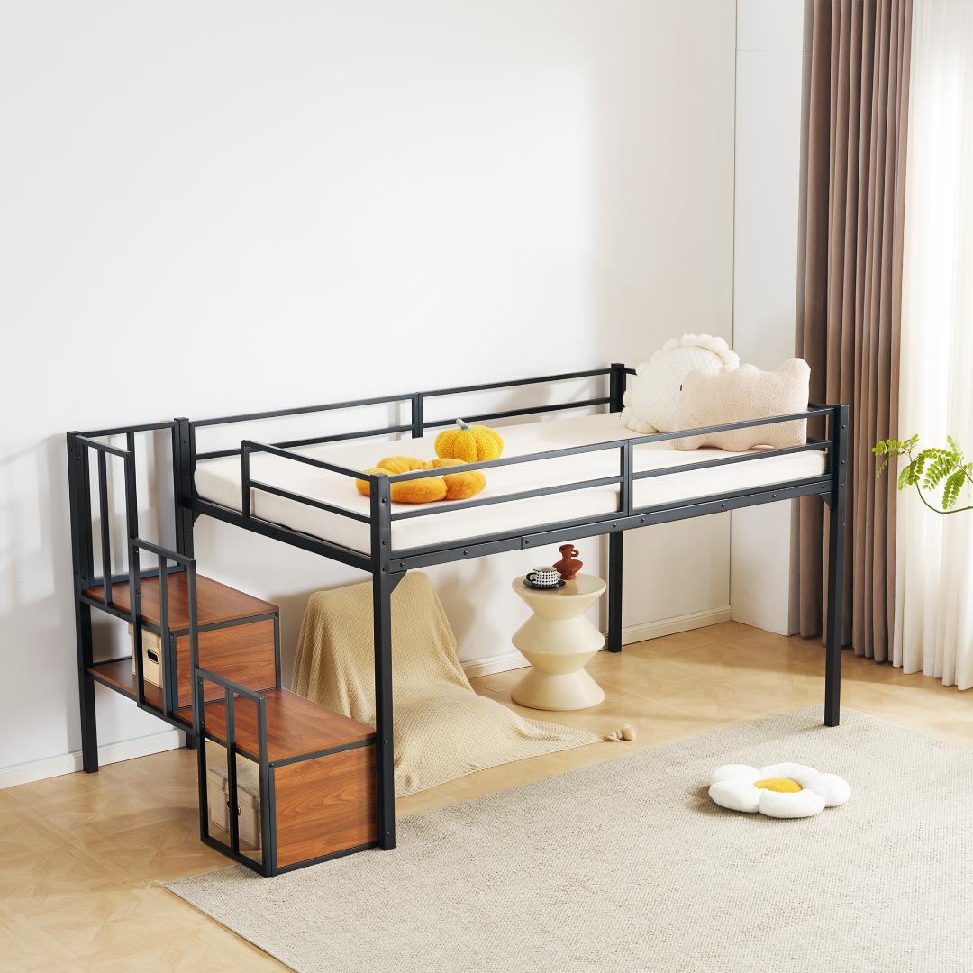 ロフトベッド-120cm パイプベッド 階段付き ロータイプ 耐震 ベッド