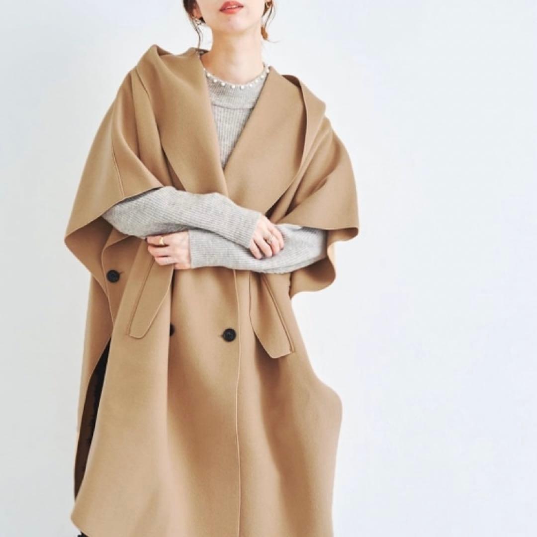 【高島屋購入品】Vaneum クロークフーディポンチョコート　キャメル　ウール