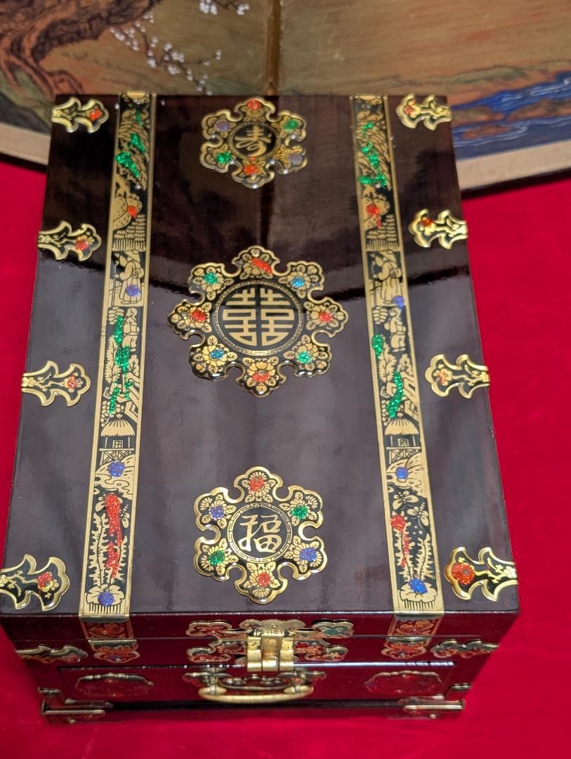 漆　小物入れ　宝石箱　ジュエリーボックス　鏡付　アンティーク　アジアン