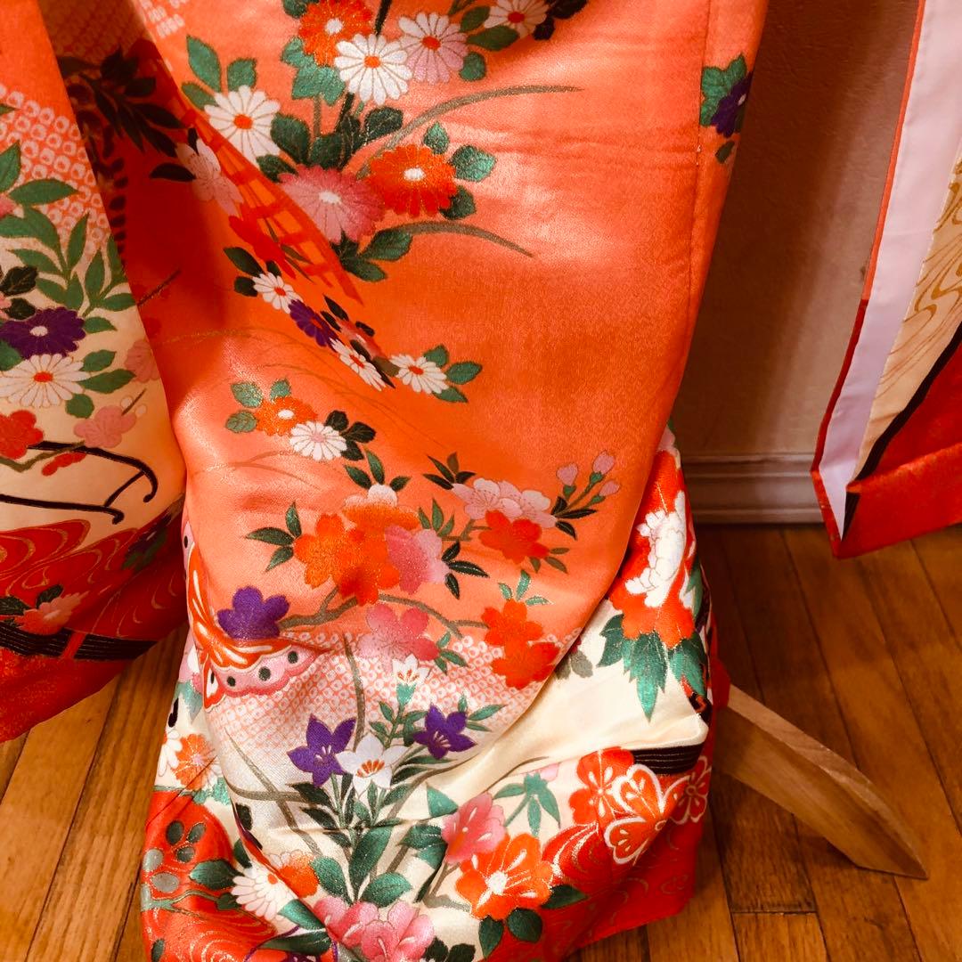 七五三 七歳‼️豪華正絹オレンジ系‼️蝶々花桜菊金彩煌びやか‼️安心フルセット