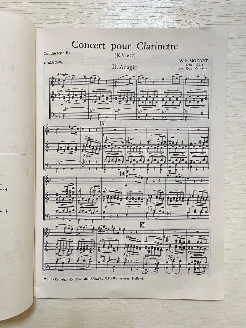 モーツァルト クラリネット協奏曲　KV622 吹奏楽楽譜 Deel2 Deel3