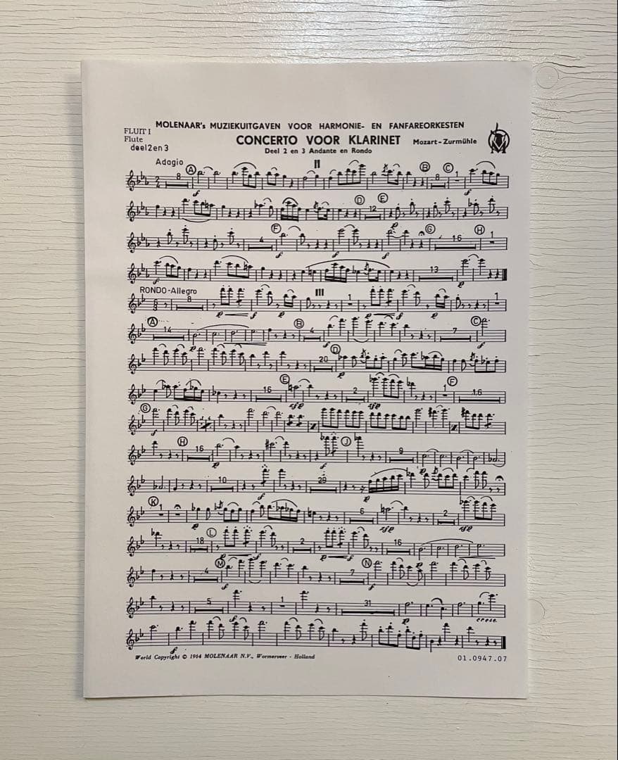 モーツァルト クラリネット協奏曲　KV622 吹奏楽楽譜 Deel2 Deel3