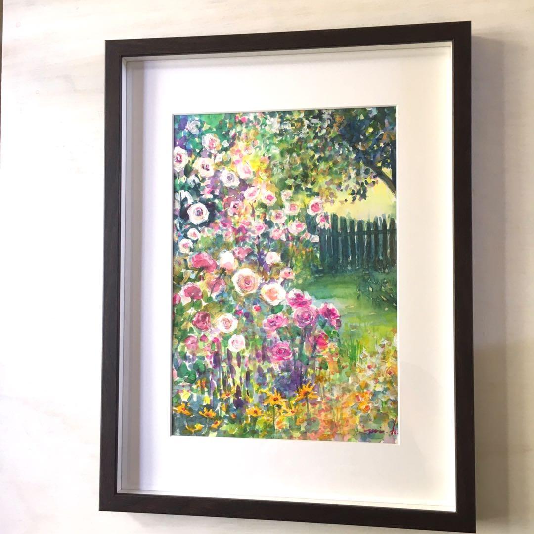 薔薇と遊ぶ光の庭　ブラウン額入り　透明水彩画