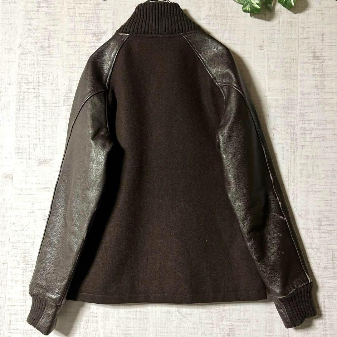 USA製 ウールスタジャン 袖レザー 茶 裏地キルティング ハイネック リブ M