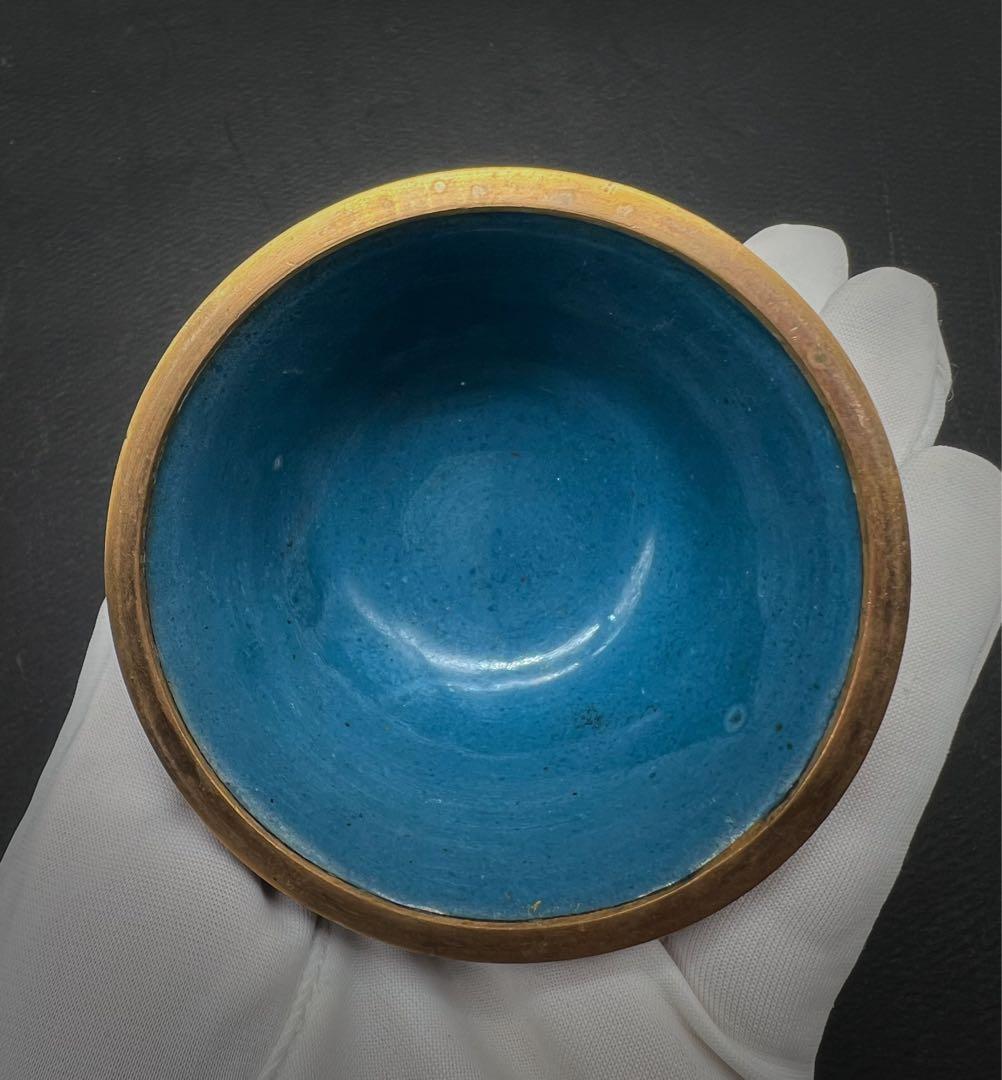 希少品 中國美術 古玩 景泰 京法 七宝焼梅紋樣茶碗 お茶椀 台座付き 茶道具