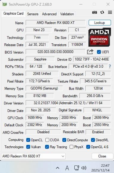 （動作品・ジャンク扱）SAPPHIRE Radeon RX 6600 XT