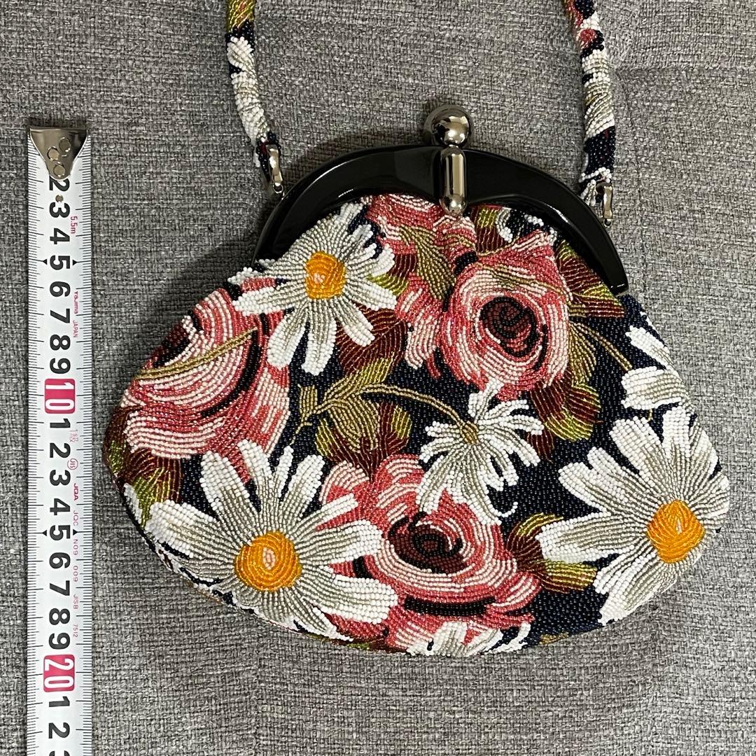 総ビーズ　ハンドバッグ 花柄　ビーズ刺繍 和装 がま口
