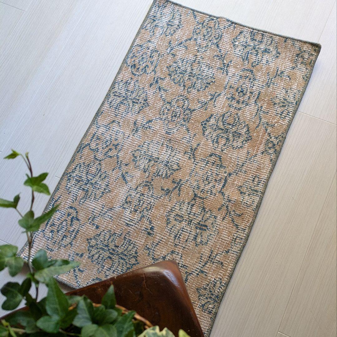 45×77 ベージュ地グリーン紋章柄　トルコヴィンテージラグ（ミニサイズ）