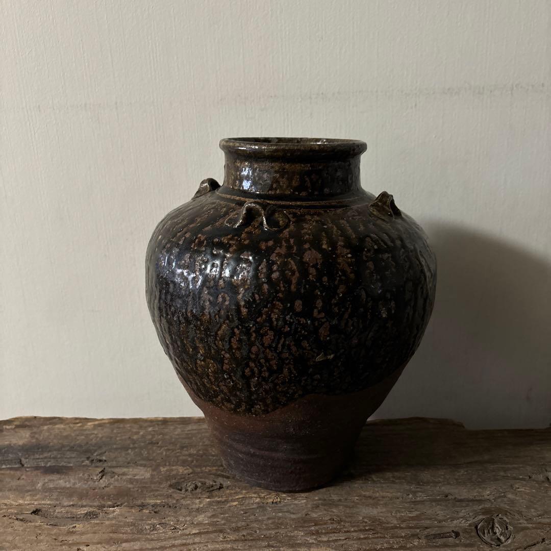 古丹波壷(江戸時代頃) 飴釉葉茶壺　古道具　古備前　古信楽　検:李朝　呂宋壷