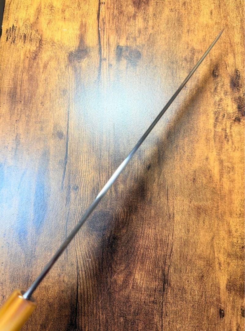 森本光一作　刺身 切付　青一鋼 紋鍛錬 尺　紫檀白水牛八角柄