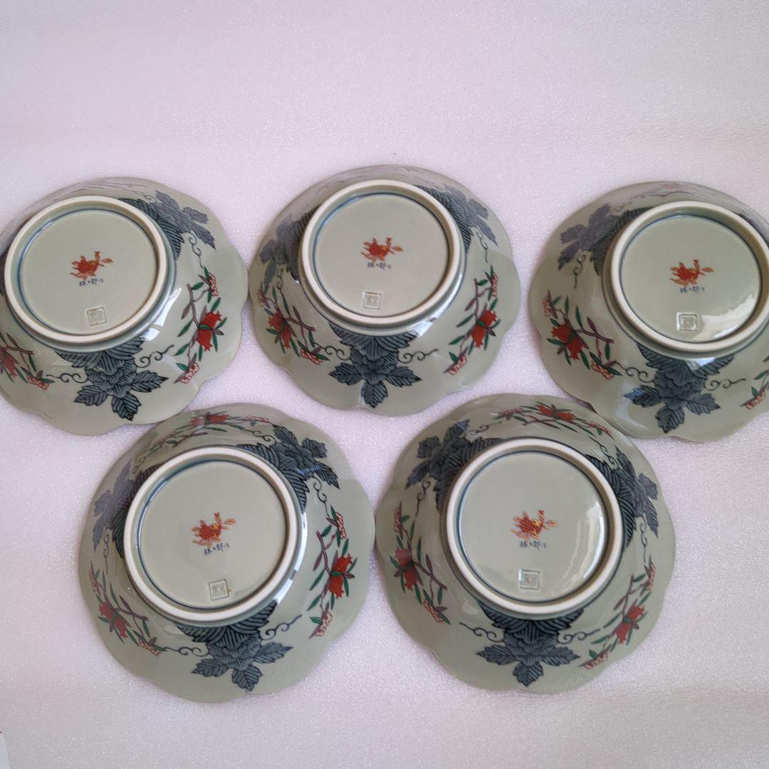 波佐見焼　林九郎窯　十方割花地紋　小鉢揃　5枚　菊割鉢　輪花鉢　金彩　古伊万里