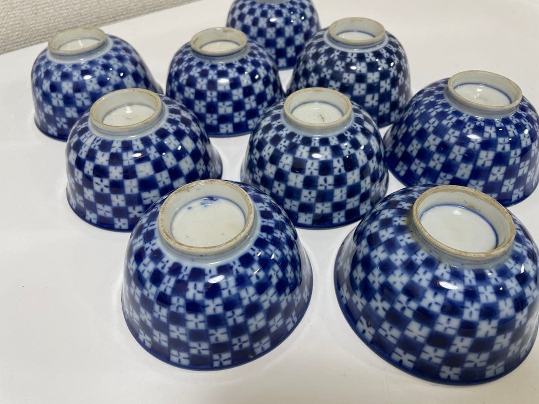 【現状品】古伊万里 青 染付 蓋付飯碗9客 レトロ アンティーク