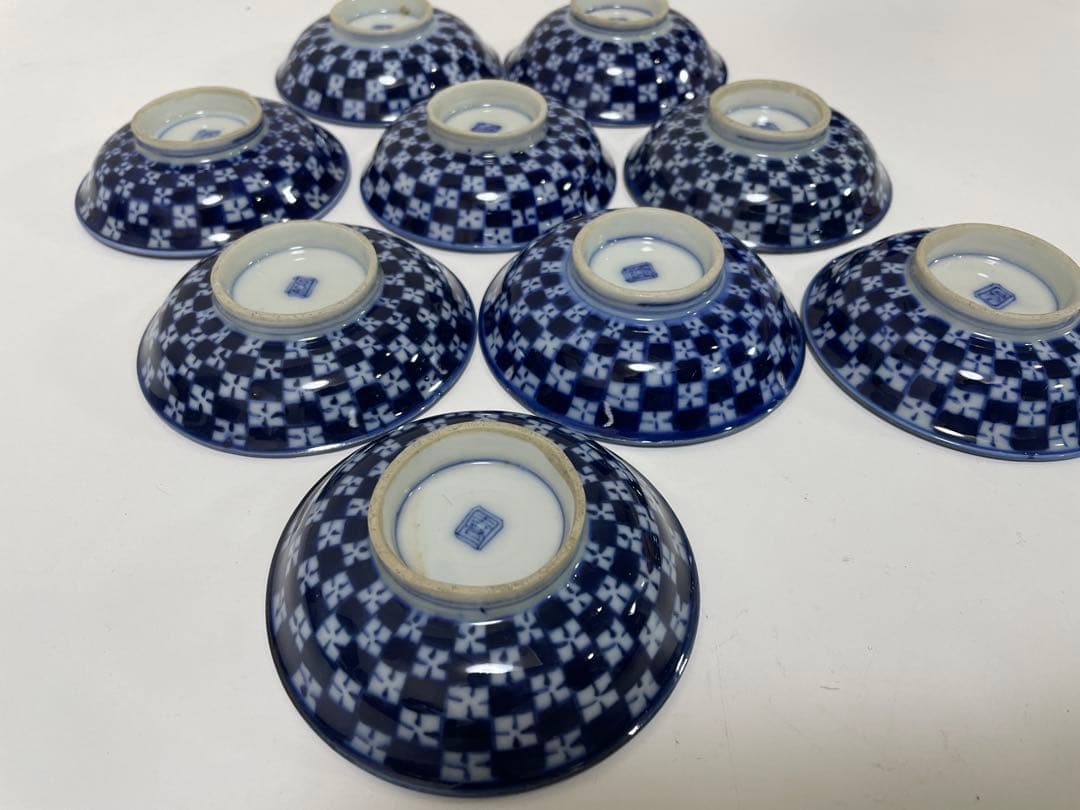 【現状品】古伊万里 青 染付 蓋付飯碗9客 レトロ アンティーク