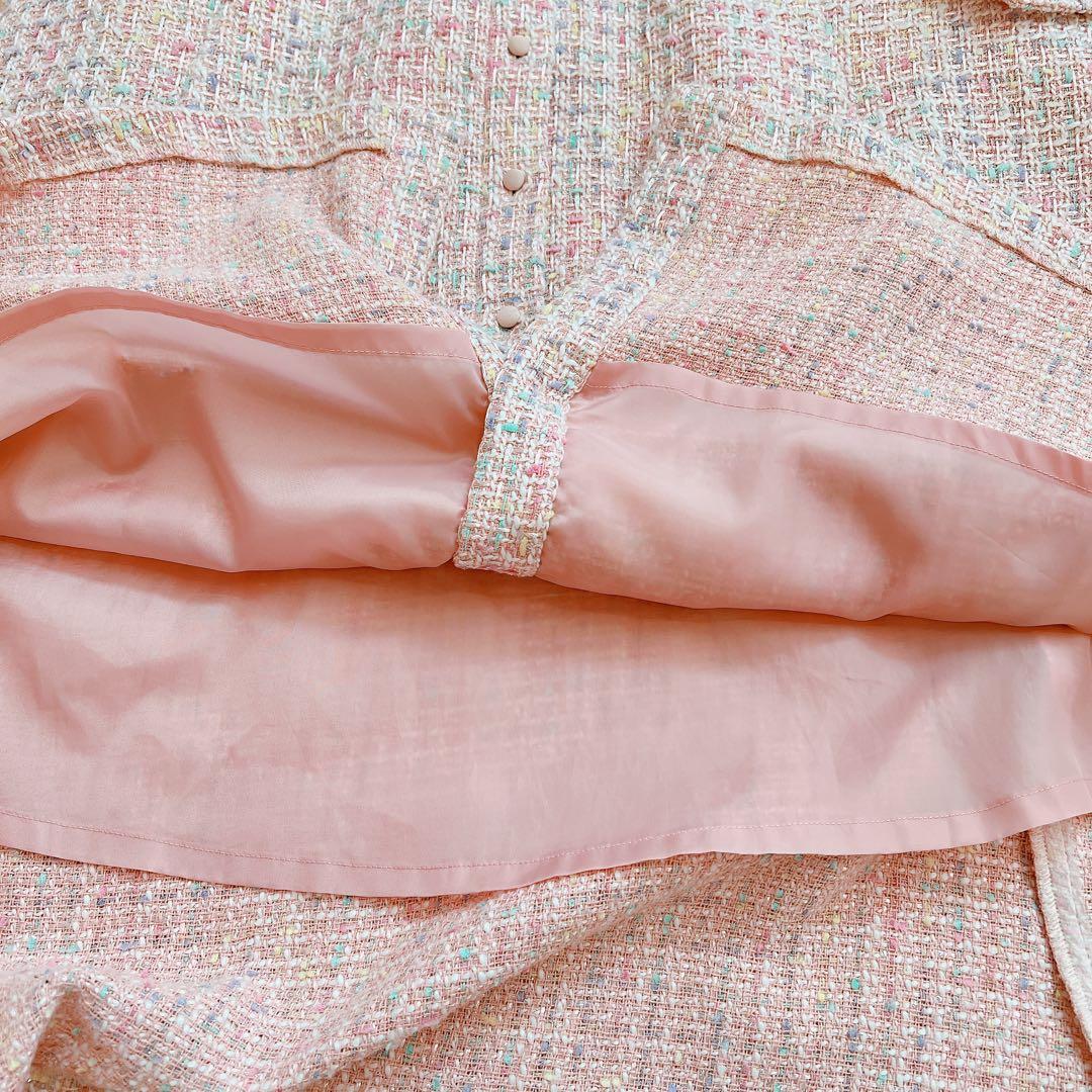 areeam ピンク系ミックスツイード長袖マキシワンピース　異素材　ベルト付き