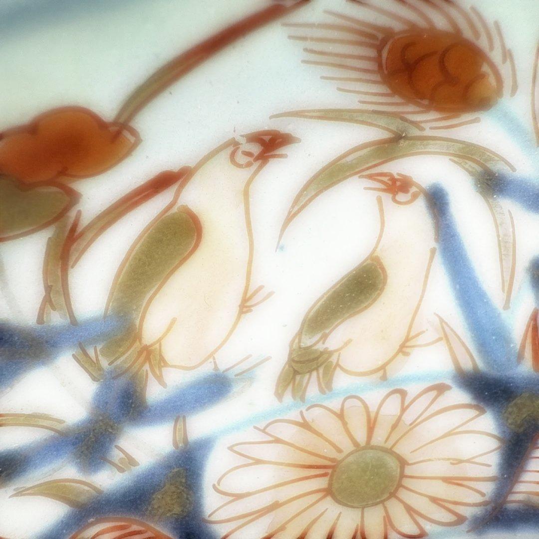 元禄伊万里　色絵花鳥図七寸皿　建築物　金蘭手　赤絵　裏椿文　状態◎　蒐集家旧蔵品