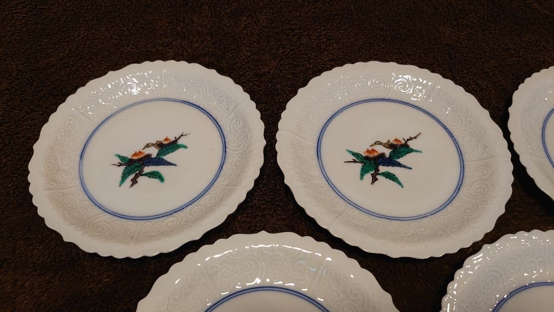 古九谷　九谷焼　輪華皿　陽刻　花の図　蔵出し　５客