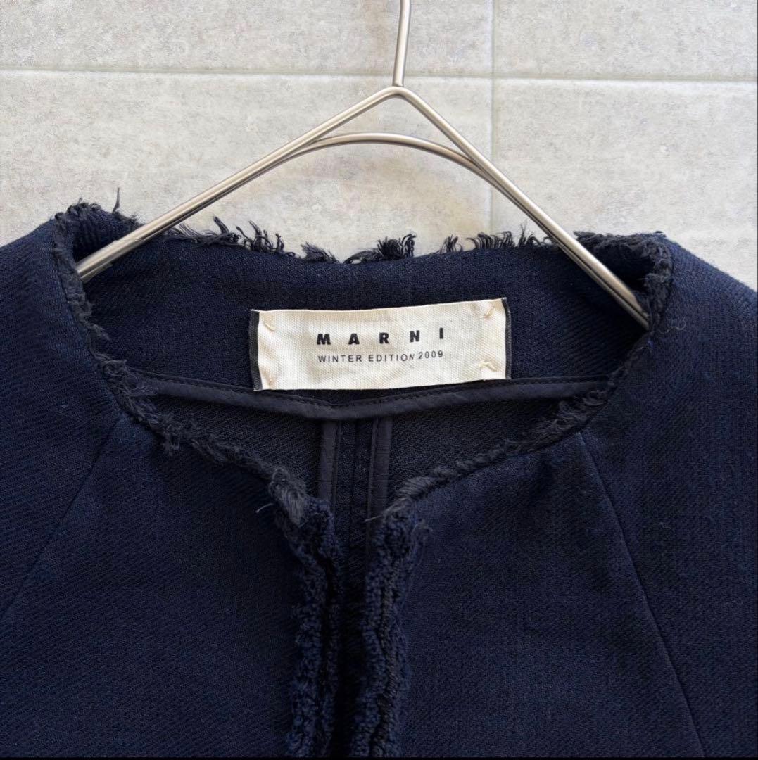 マルニ コットン リネン ノーカラー ジャケット ネイビー XL