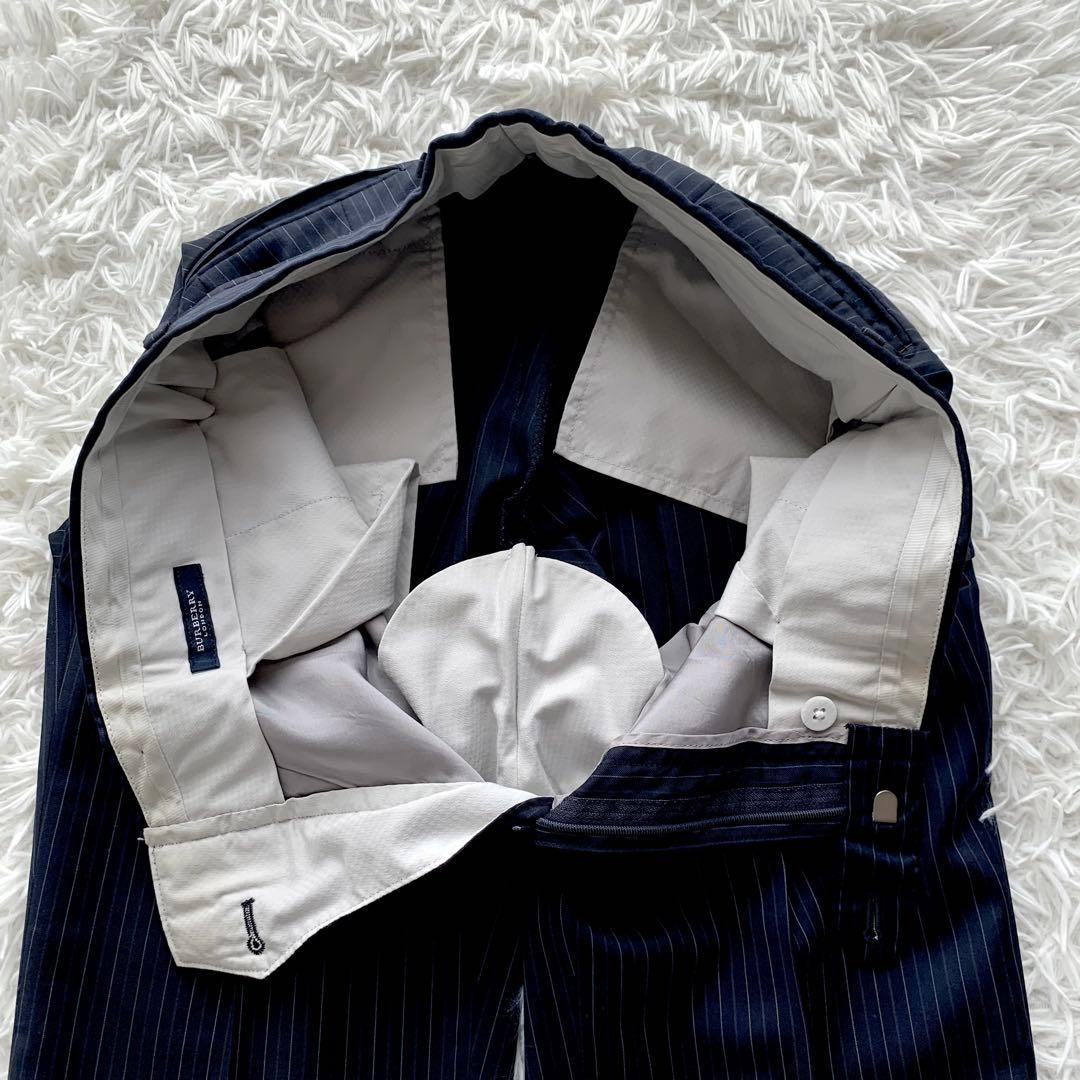 【極美品】バーバリーロンドン 高級 シルク混 ストライプ スーツ L ネイビー