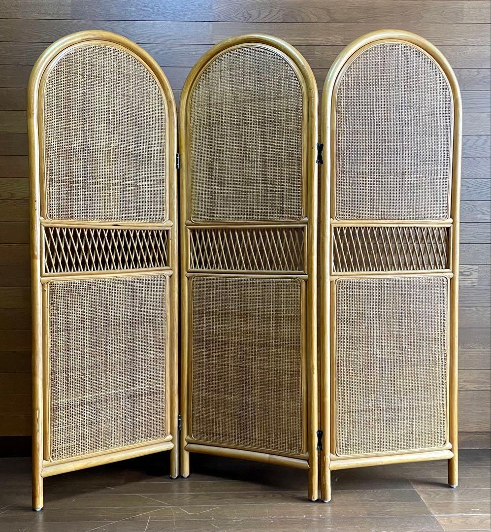 3連 パーテーション ラタン 籐 木製 ウッド 間仕切り ついたて　昭和レトロ