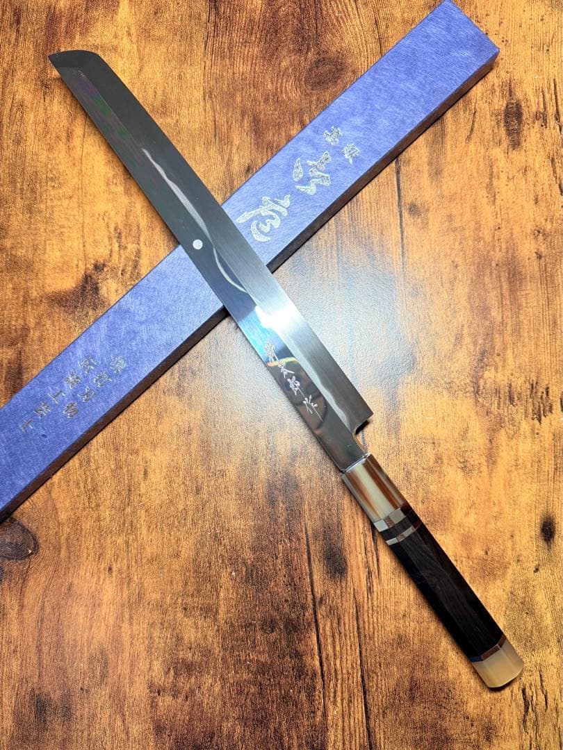 【堺打刃物】蛸引 先丸　水本焼 白一鋼 富士山　鏡面 尺　包丁　黒檀水牛八角柄