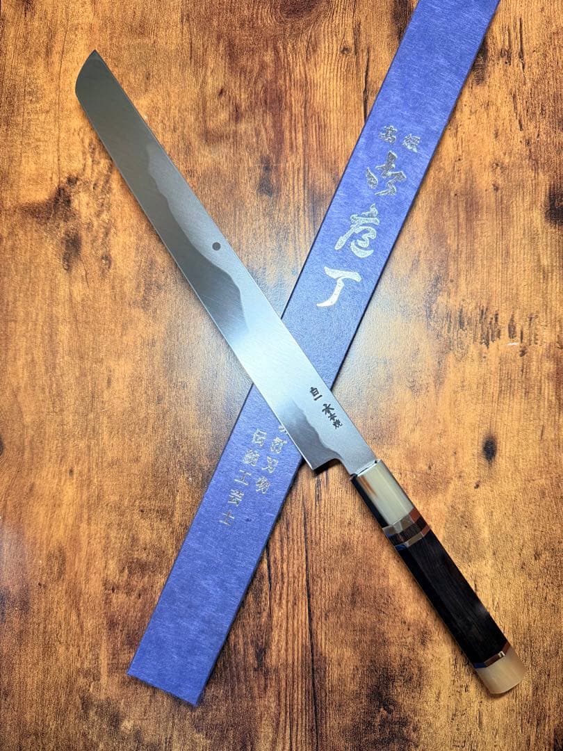 【堺打刃物】蛸引 先丸　水本焼 白一鋼 富士山　鏡面 尺　包丁　黒檀水牛八角柄