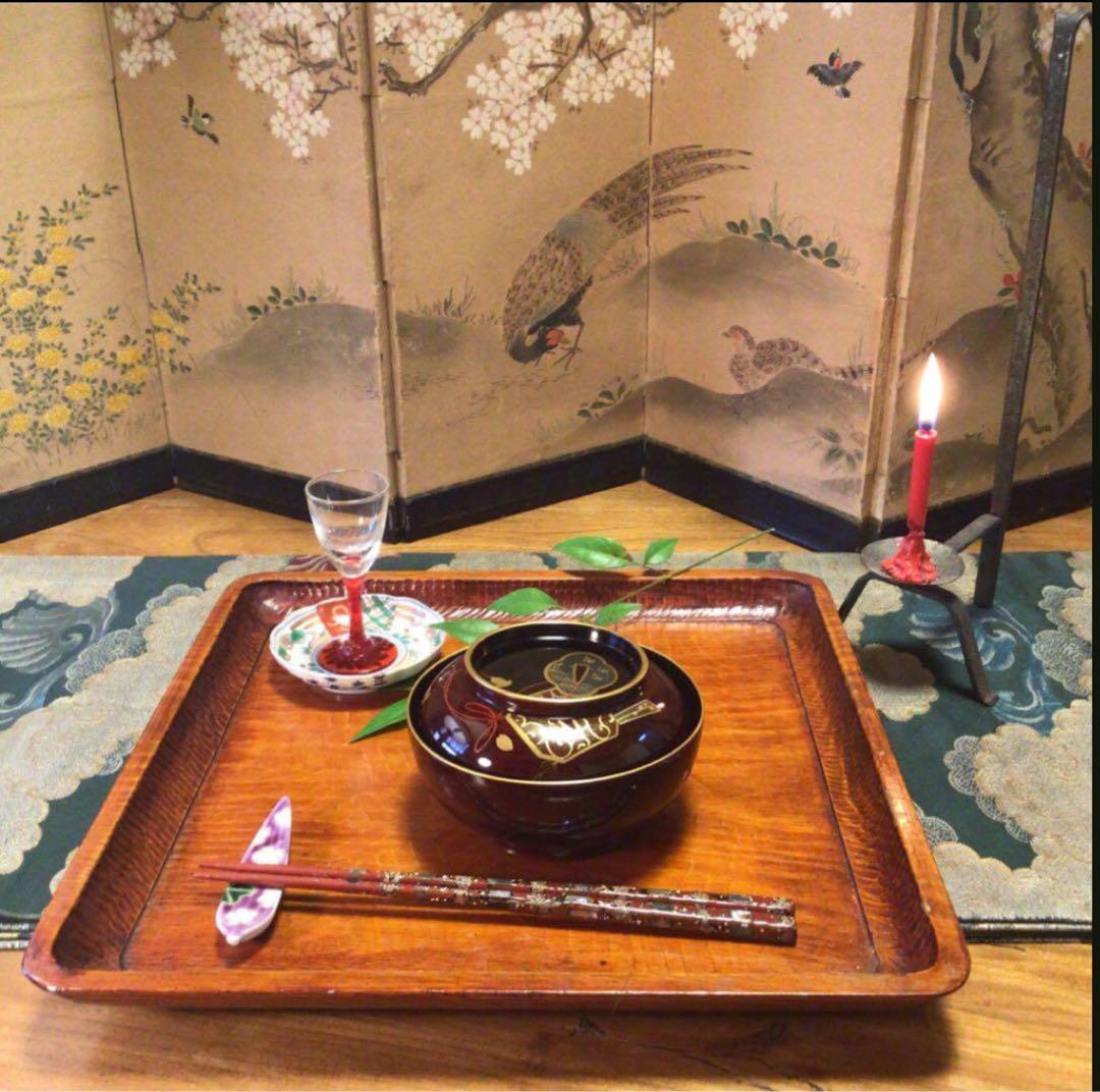 A756木製輪島塗　木地塗　鍔に扇桜蒔絵　金縁　梨地　吸物椀　菓子椀　5客