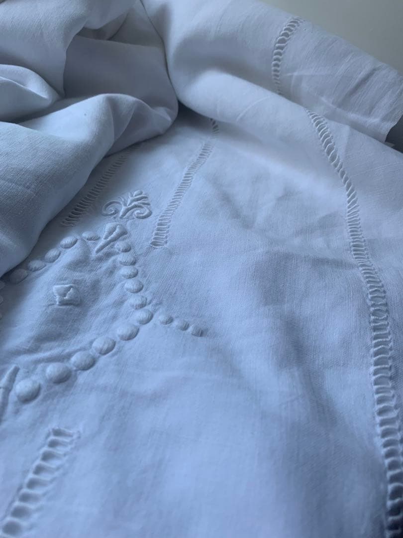 フランスアンティーク 薄手コットン 超大判一枚布 3.1x2.2m 手刺繍レース