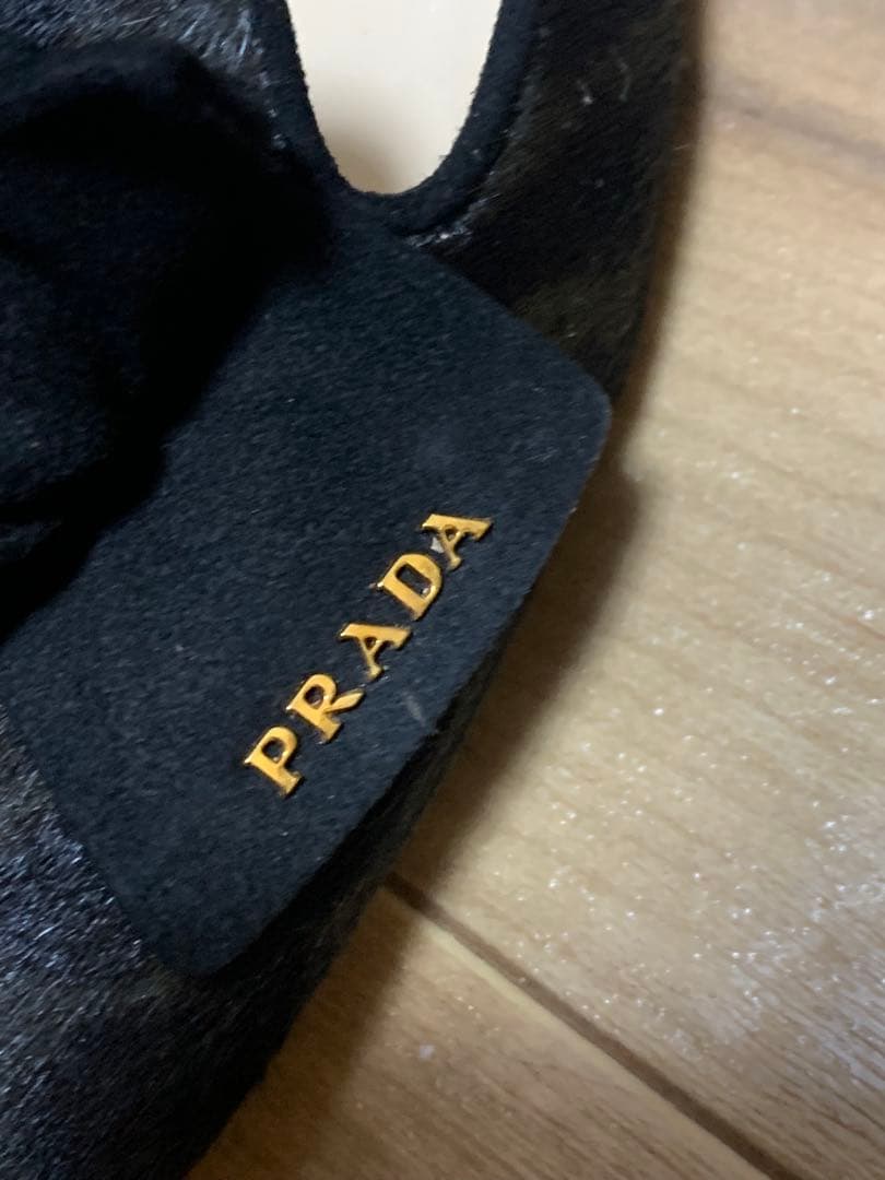 PRADA プラダ リボン付き フラットパンプス ブラック ハラコ調 37