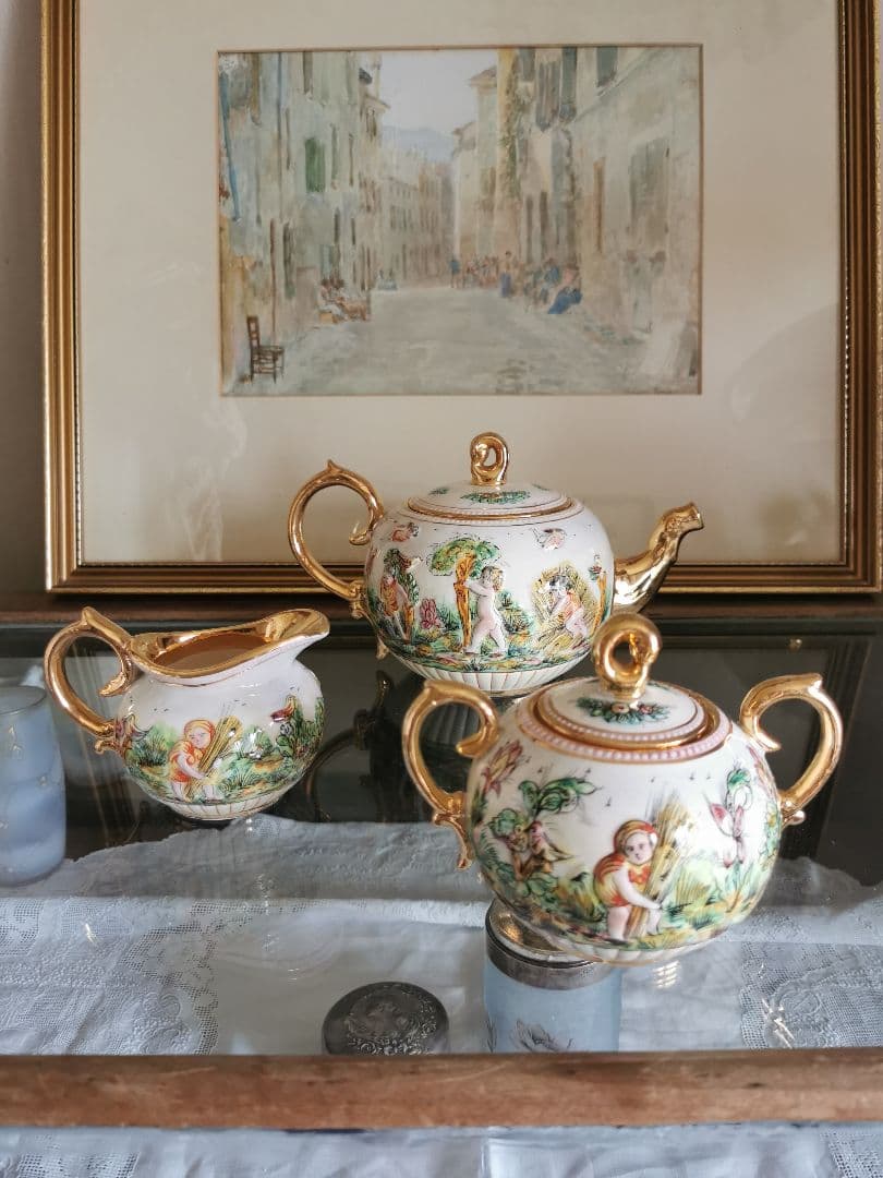 アンティークイタリア カポディモンティ 子供と天使と鳥 収穫 ラージティーポット