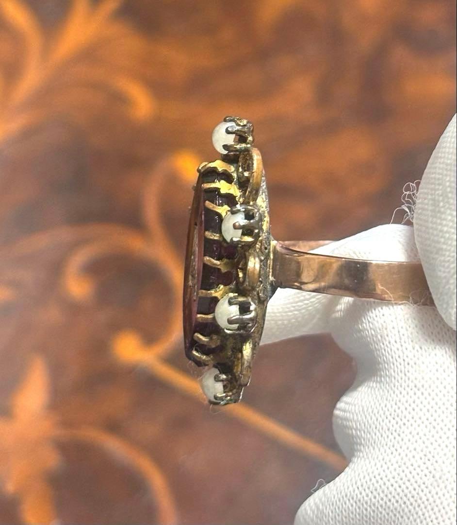 フランス アンティーク リング 指輪 ガラス パール パープル 鑑別書付き