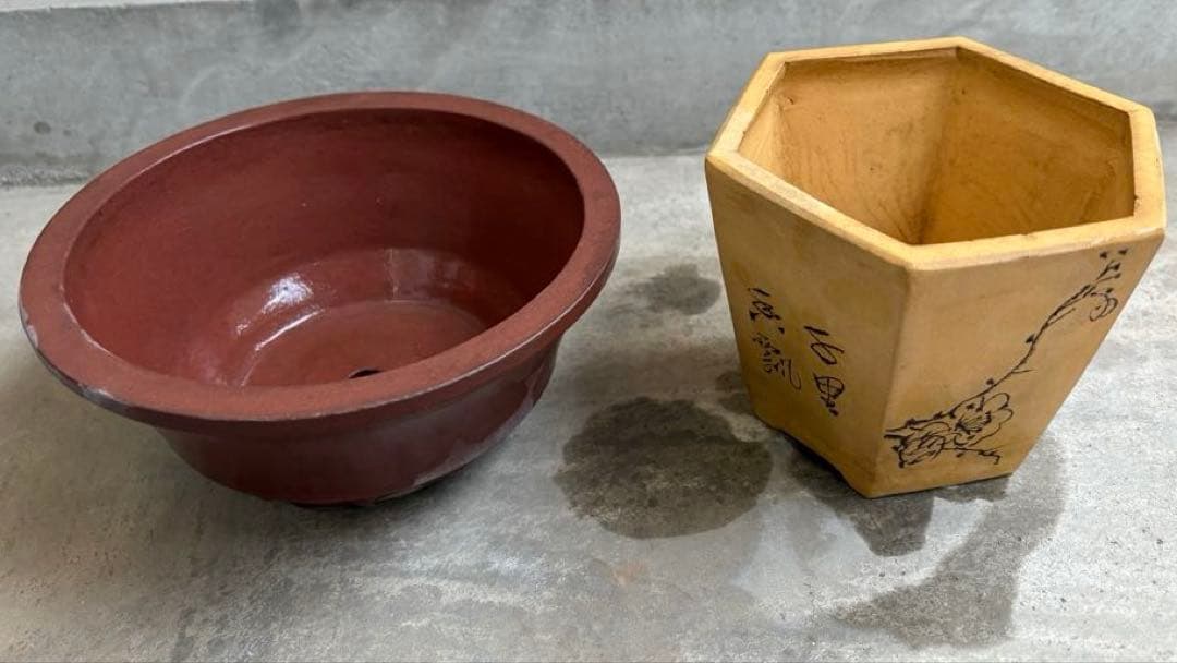 中国鉢2点セット！　刻印入りと針彫りの支那鉢　盆栽