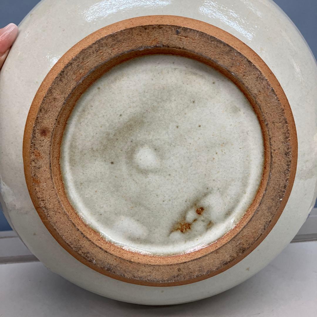 4F 昭和レトロ 陶器製 花瓶 壺型 白×紫 釉薬アート フラワーベース 古道具