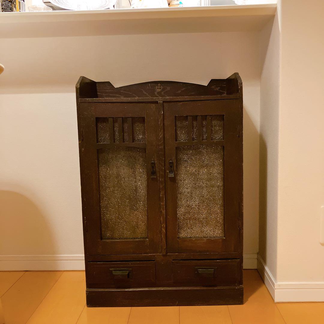 ガラス扉のキャビネット 引き出し付き 食器棚 昭和レトロ　アンティーク