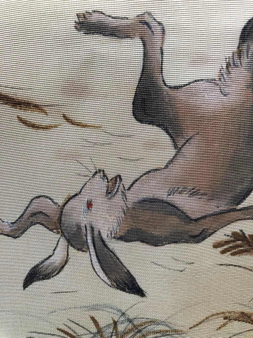 【レア！塩瀬帯】鳥獣戯画のような愛嬌あるうさぎ、作家物☆正絹 塩瀬の名古屋帯
