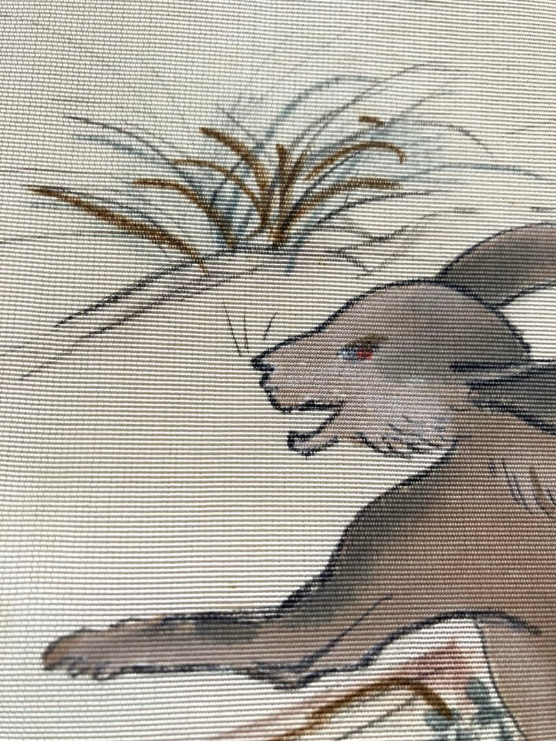 【レア！塩瀬帯】鳥獣戯画のような愛嬌あるうさぎ、作家物☆正絹 塩瀬の名古屋帯