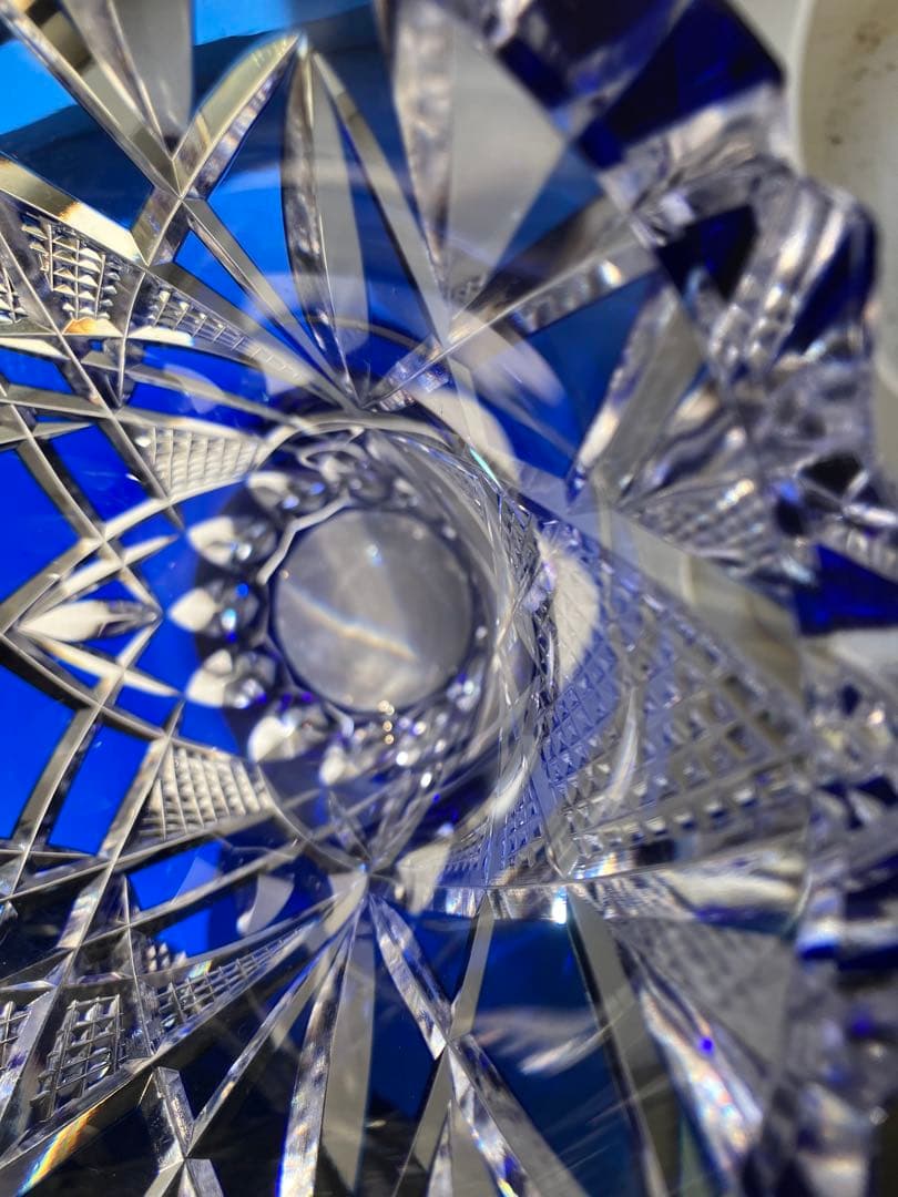 昭和レトロ◆江戸切子◆花器 花瓶◆昭和後期◆青被せ カットガラス