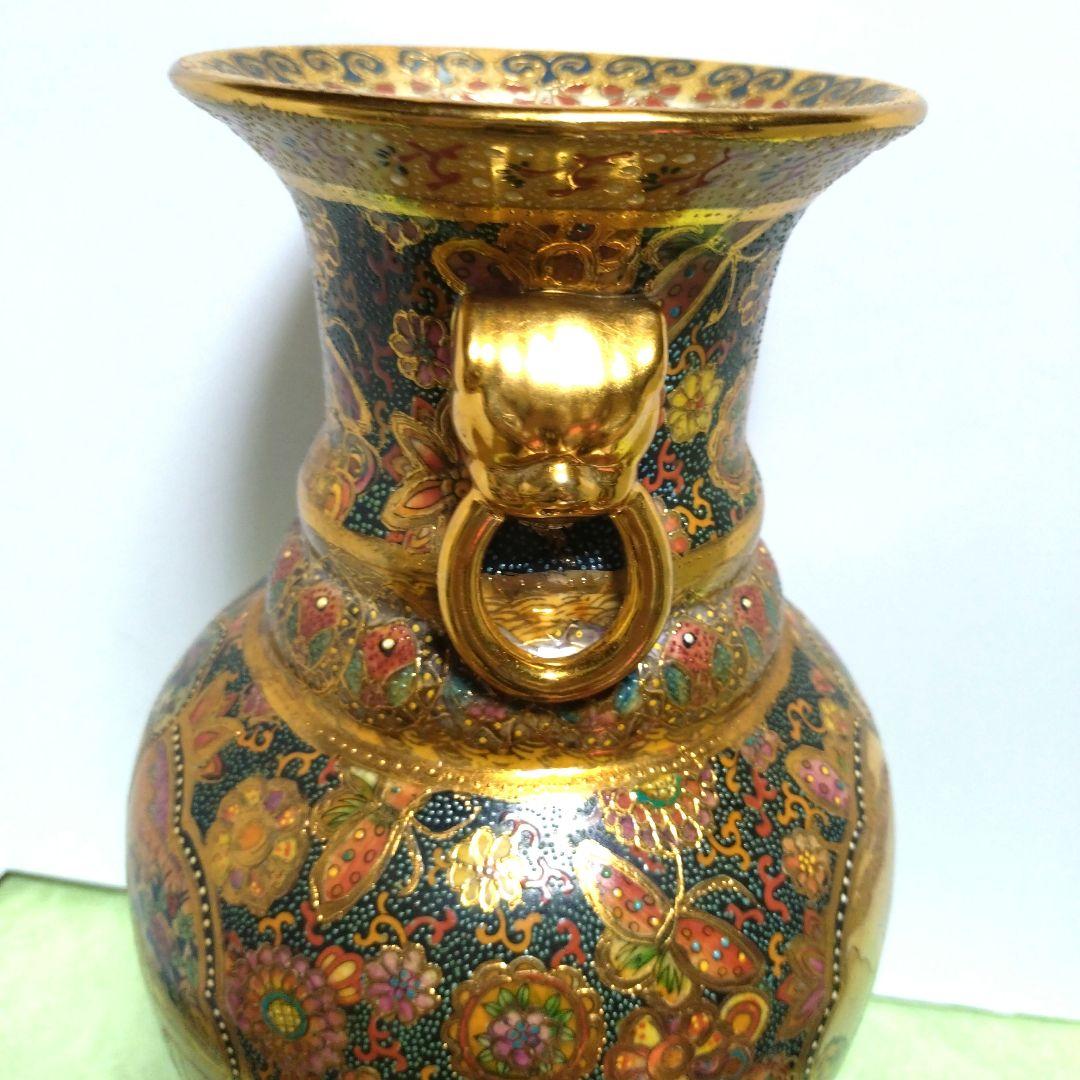 薩摩焼　武士　武将　花蝶　色彩　花瓶　壺　骨董品　豪華絢爛　高さ36cm