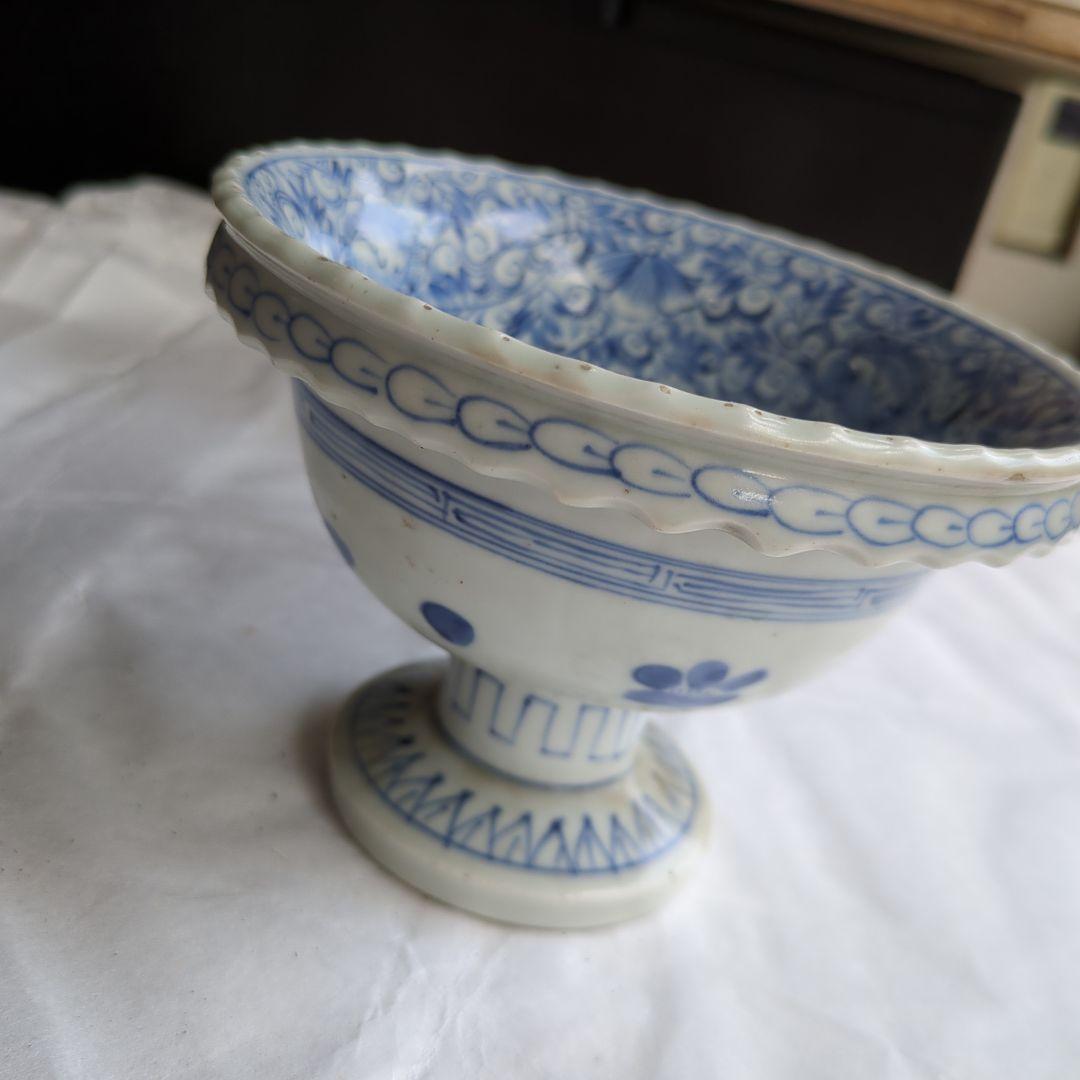骨董 古伊万里 盃洗 線描き 染め付け 器 物入れ 花唐草 鉢 菓子器