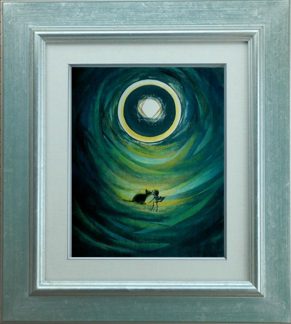 油絵 菅家令子絵 絵画インテリア額付(青緑＋金色の枠)F3-031119猫女の子