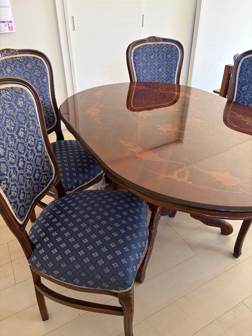 【関東限定】イタリア　5点セット 楕円形 象嵌 木製 ダイニングセット 猫脚