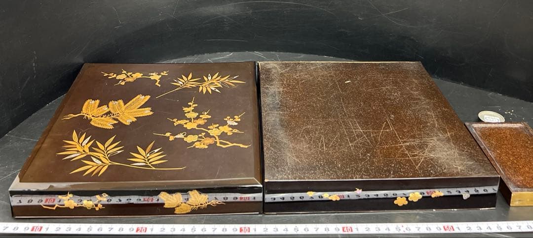 時代　木製　上手蒔絵内梨地硯箱　木箱付　東Y7-1126☆2Fトコヒカ